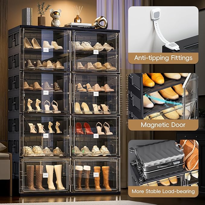 JEKO&JEKO 9-Tier Foldable Shoe Storage Cabinet with Magnetic Doors, Large Stackable Shoe Organizer Cabinet for Entryway, Clear Front Door Shoe Boxes Hold Up to 36 Pairs (Black)