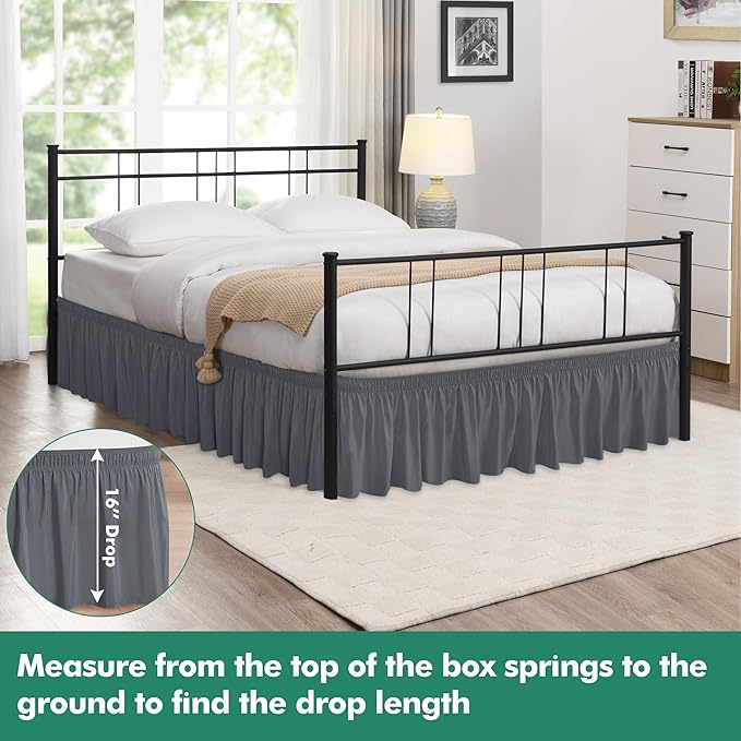 Biscaynebay Wrap Around Bed Skirts with Split Corners for Queen Beds 16" Drop, Dark Grey Elastic Dust Ruffles Adjustable Easy Fit Wrinkle & Fade Resistant Silky Luxurious Fabric Machine Washable