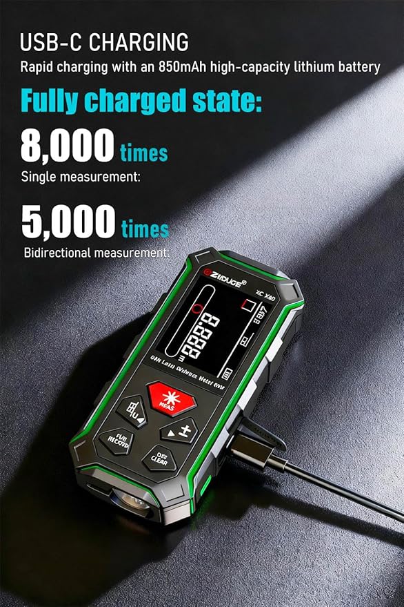 ZC-SG60 Dual Laser Measuring Tool, 196Ft Green-Beam Bilateral Digital Laser Distance Measure 6 Units Ft/in/M, Rechargeable Laser Measurement Tool -Backlit LCD Display, Length/Area/Volume/Angle Sensor