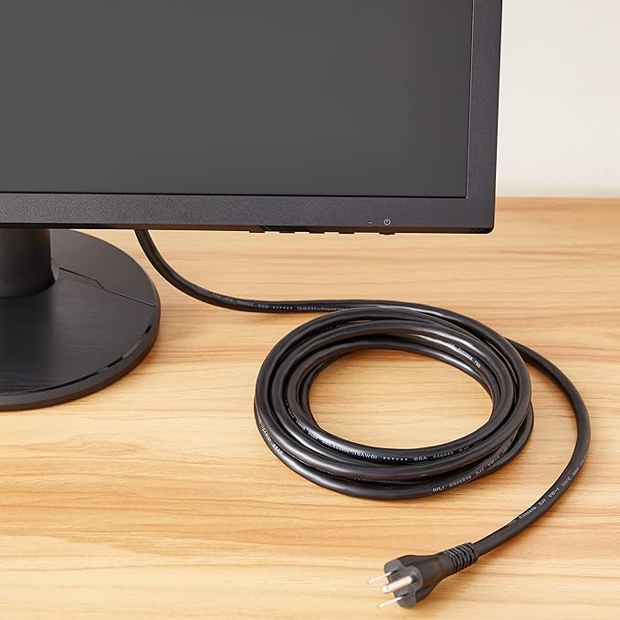 Amazon Basics PC Power Cord, 12 feet, AC Power Cord for Monitor, Computer, TV, 3 Prong, 18 AWG, 125 Volts, Black