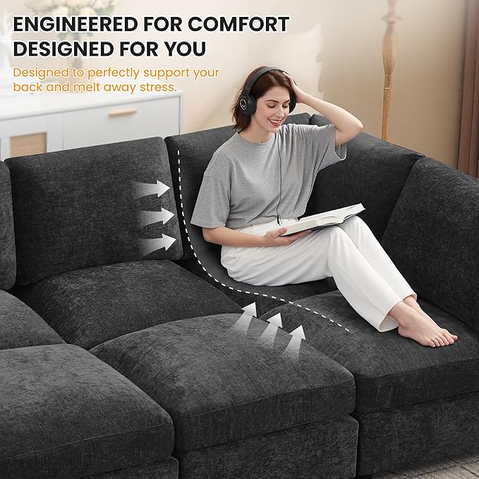 116'' Modular Sectional Cloud Sofa Bed, 8-Seater Convertible Sofa Couch with Ottoman, Modern Deep Seat Sleeper Sofa for Living Room, Chenille Dark Grey