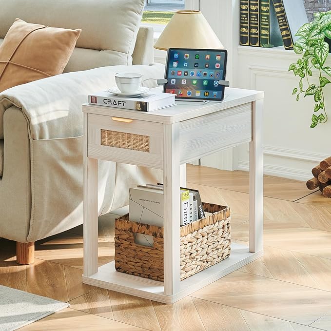 LEYAOYAO Narrow Side Table with Charging Station, Rattan Night Stand with Drawer Storage, Natural Wood Bedside End Table with Metel Handle for Small Spaces, Boho Nightstand for Living Room Bedroom