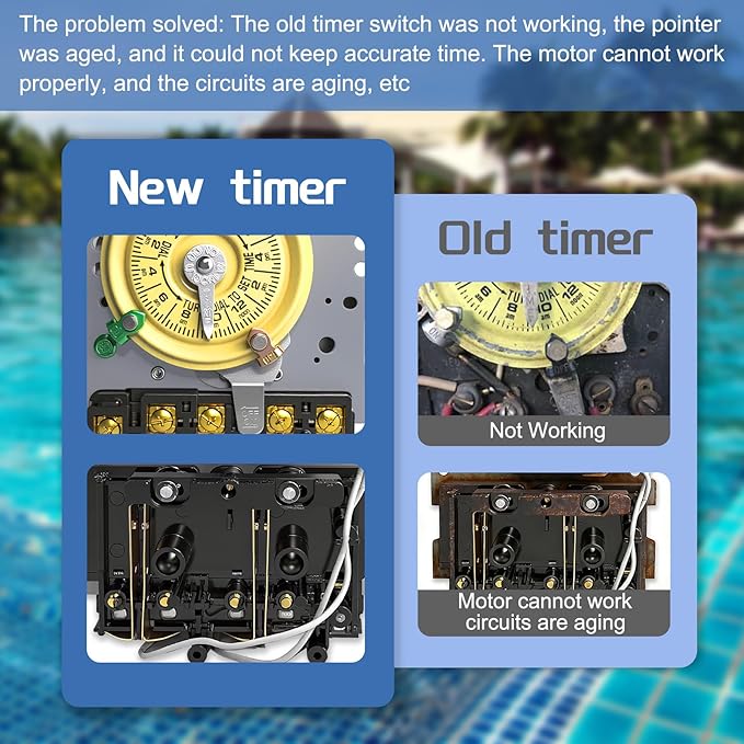 T104M Pool Timer Mechanism Only, Pool Pump Timer, 208-277V 40A Time Switch, 24 Hour 12 ON/Off for Pool Pump, Heavy-Duty Mechanical Time Switches,Time Switch Mechanism Only, 5 Years Warranty