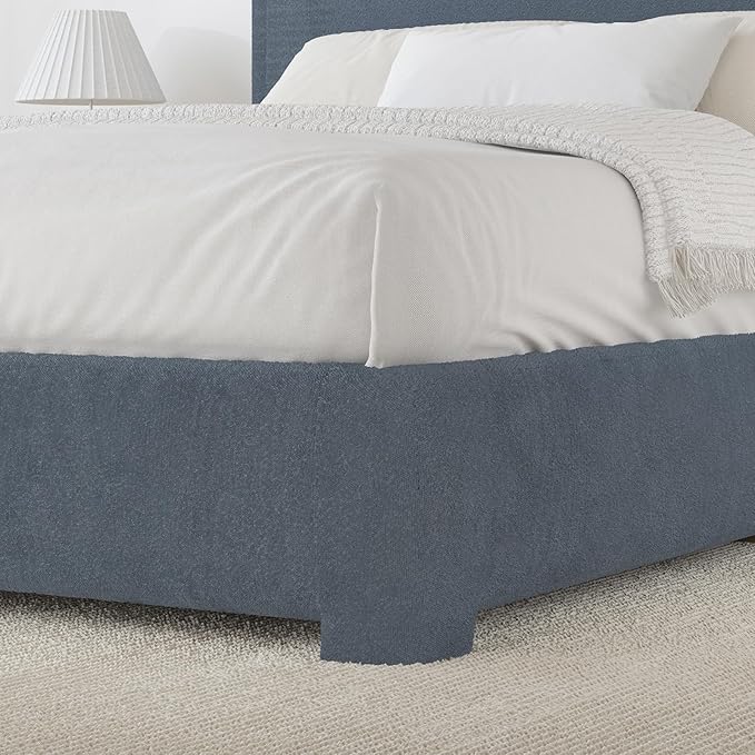 BarnFurin Boucle Upholstered Bed Frame King Size/Cloud Bed Frame/Soft Rounded Corners Headboard/Low Profile/No Box Spring Needed/Blue
