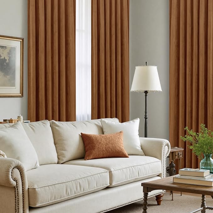 LAMIT Bronze Brown Velvet Curtains for Living Room 108 Inches Long, Mid Century Thermal Blackout Curtains Room Darkening Back Tab and Rod Pocket Panels for French Country, 2 Panels, 52 x 108 Inch