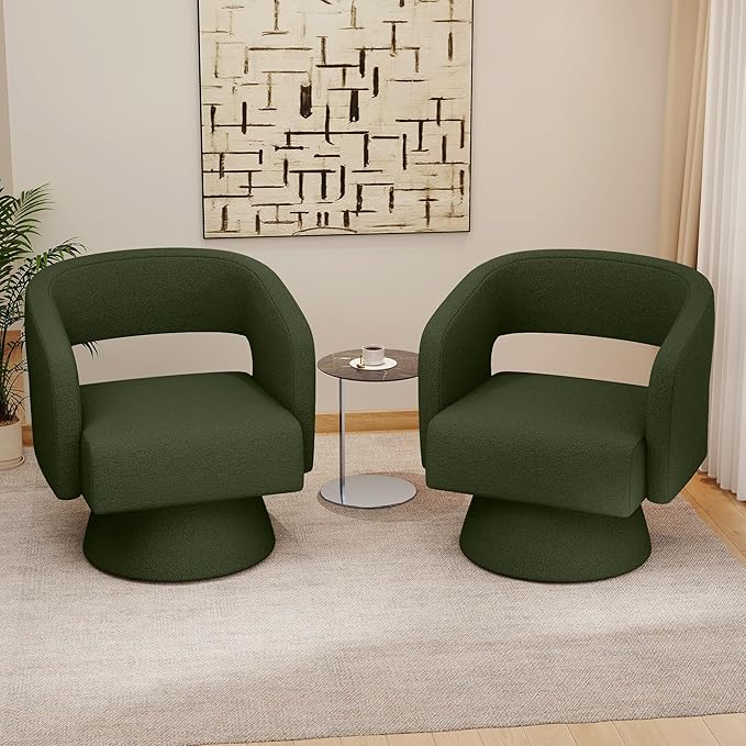 Swivel Accent Chair Set of 4, Modern Comfy Teddy Barrel Chairs, Oversized Upholstered Round Arm Chair for Living Room, Bedroom, Reading Room, Green