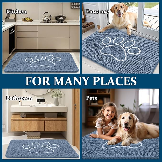 OLANLY Dog Door Mat for Muddy Paws 30x20, Paw Print Design, Absorbs Moisture and Dirt, Non-Slip Washable Doormat, Quick Dry Chenille Mud Mat, Entry Indoor Entryway Carpet, Airy Blue and White