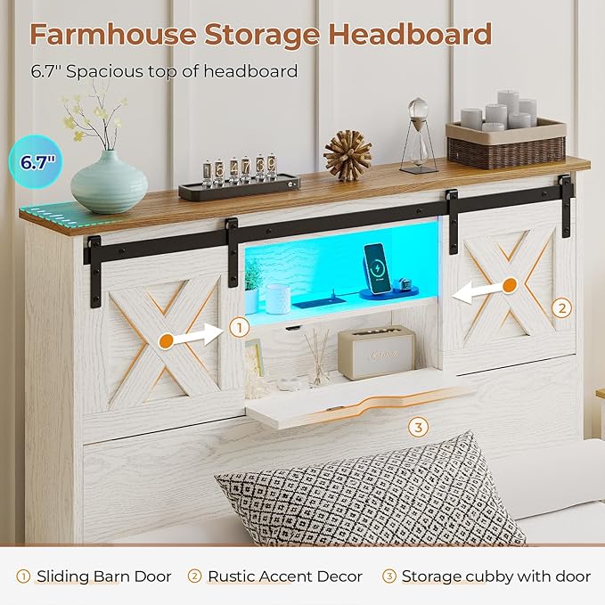 Hasuit Farmhouse Bed Frame Twin Size with 2 Storage Drawers, Wooden Platform Twin Bed with LED Lights and Charging Station, Rustic Accent Headboard with Sliding Barn Door Storage Cabinets