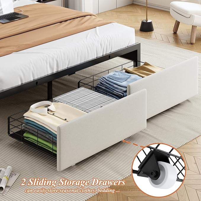 Full Size Bed Frames with Storage Headboard and 2 Drawers, Upholstered Platform Bed Frame Full with Led Lights and Handy Charging Station, No Box Spring Needed, Easy Assembly, Noise Free, Beige