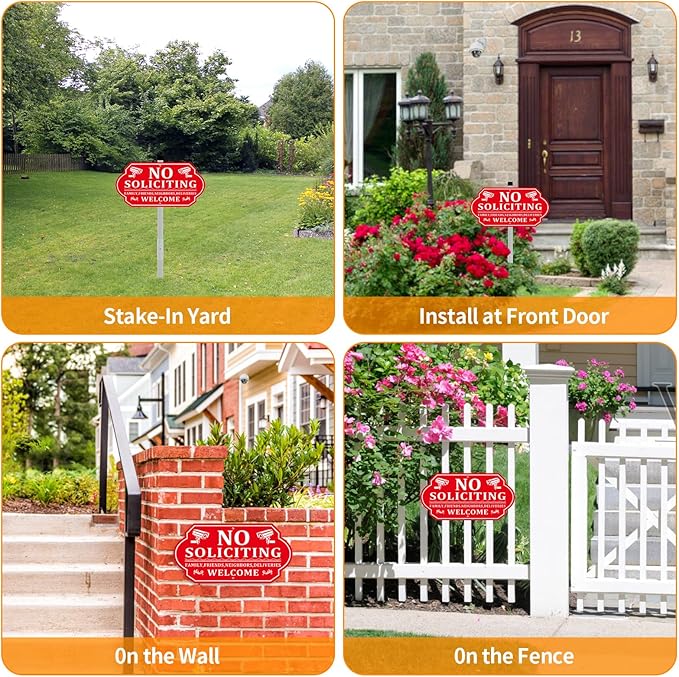 No Soliciting Sign for House, No Soliciting Signs for Front Door with Long Stake, Heavy Duty Aluminum Yard Signs UV Protected Weather Resistant and Easy Install for Lawns Garden (14x7 inches Red)