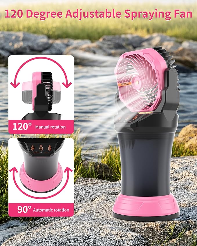 WESTTREE Portable Misting Fan with Large Battery Fan-Rechargeable Outdoor Misting Cooling Fans with 2L Water Tank,RGB Lights,4 Speeds & Spray Modes-for Patio, Camping, Beach, Workshop (Pink)