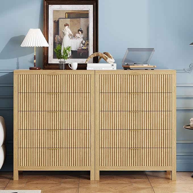5 Drawer Dresser, 43" Tall Dresser Organizer TV Drawer Cabinet Modern Wood Storage Cabinet, Modern Wood Storage Cabinet for Bedroom, Hallway, Entryway, Natural X 2