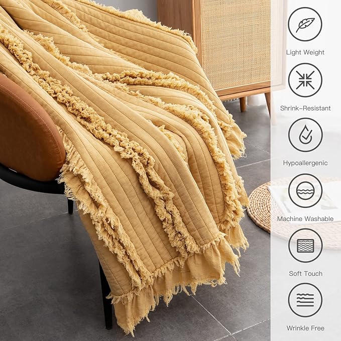 Ultra Soft Quilted Throw Blanket with Ruffle Fringe Pre-Washed, Boho Decor in Stone Washed Yellow, Rustic Chic Blanket for Sofa, Couch, Bed, or Chair,90"x 90"