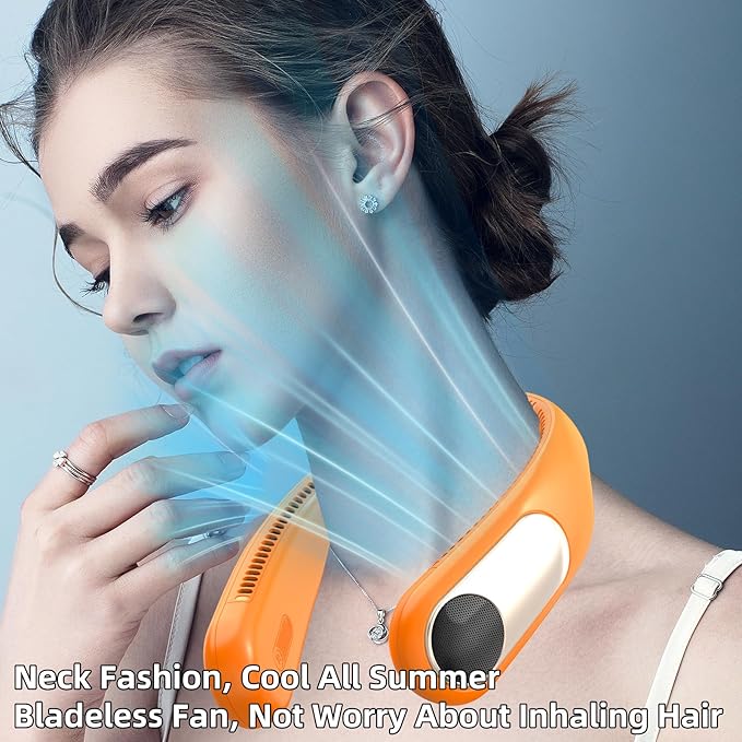 Portable Neck Fan,Personal Wearable Bladeless Fan,LED Display,4-Speeds,6000mAh USB Rechargeable,360° Strong Cooling Wind,Hands Free,White Elephant Gift,Christmas Gifts for Men Women Dad Mom (Orange)