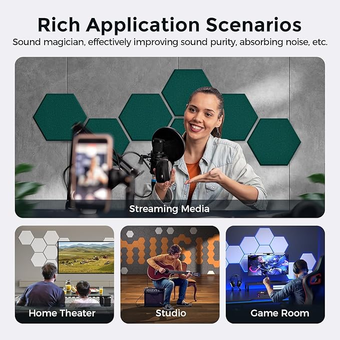 Self-Adhesive Acoustic Panels [390 lbs/yd³ Ultra-High Density], 2nd Generation Sound Absorbing Panel, Professional Level Sound Panel, Polyester Soundproof Foam [Size M, Dark Green]