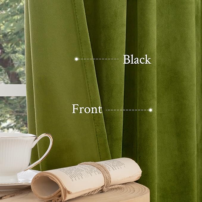 LAMIT Velvet Curtains 90 Inch Length for Living Room, Vintage Thermal Insulated Room Darkening Drapes Super Soft Back Tab and Rod Pocket Window Panels for Bedroom, 2 Panels, Moss Green, 52 x 90 Inch