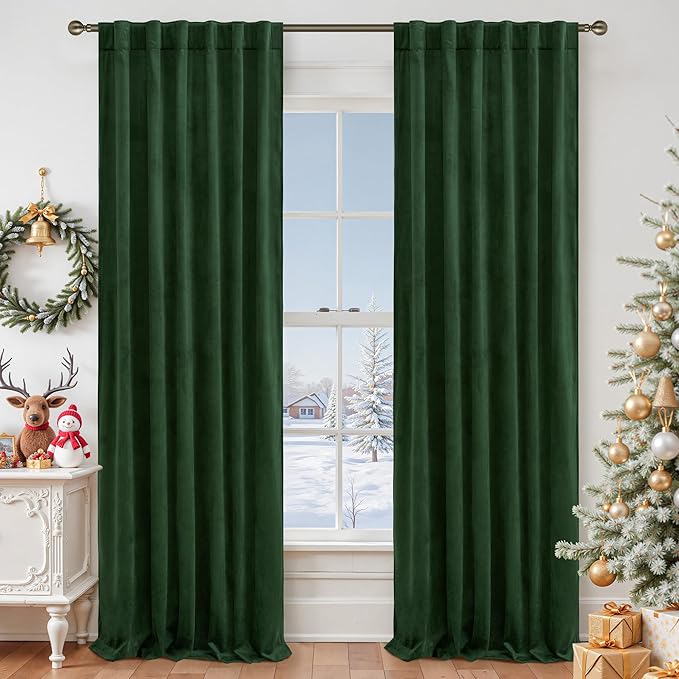 LAMIT Velvet 90 Inch Curtains for Living Room, Emerald Green Thermal Insulated Room Darkening Drapes Noise Reducing Back Tab and Rod Pocket Christmas Panels for Bedroom, Set of 2 Panels, 52 x 90 Inch