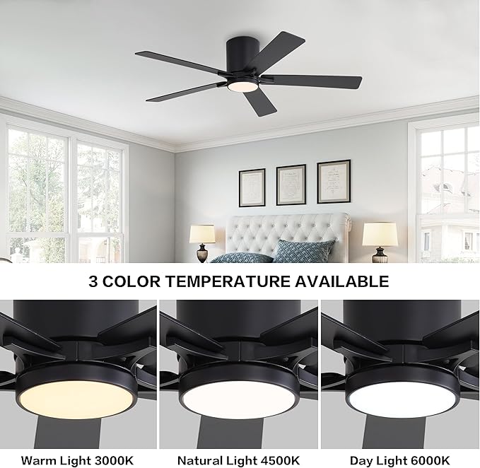 WINGBO 48" DC Flush Mount Ceiling Fan with Lights, 6-Speed Reversible DC Motor, 3CCT, Low Profile Hugger Ceiling Fan for Living Room Bedroom Kitchen, Black Finish and Black/Walnut Blades