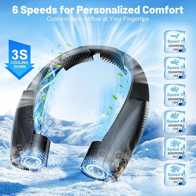 Slientspin Portable Neck Fan with 6 Powerful Speeds, 8000mAh Battery Operated USB-C Rechargeable Fan, Hands-Free 360° Cooling Personal Neck Fan Gift for Women Men Travel Concerts(Black)