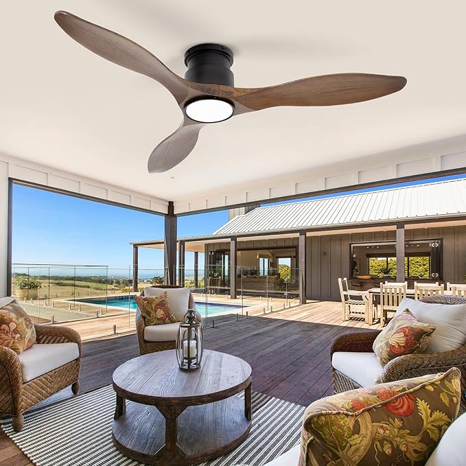 revoici 52'' Ceiling Fan with Lights and Remote, 3 Blade Amber Wood Low Profile Flush Mount Ceiling Fan Indoor, Reversible 6 Speeds Dimmable LED Light Fan for Bedroom Living Room Farmhouse