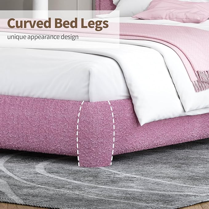 BarnFurin Full Size Bed Frame with Headboard, Boucle Upholstered Platform Bed Frame, Modern Style, Soft Rounded Corners, No Box Spring Required, Easy Assembly, Rose Pink