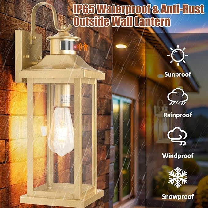 Roravilila 2-Pack Gold Dusk to Dawn Motion Sensor Lights 18 Inch, Large Outdoor Light Fixtures IP65 Waterproof Anti-Rust Brass Outside Lights for House Photocell Modern Exterior Lanterns Wall Mounted