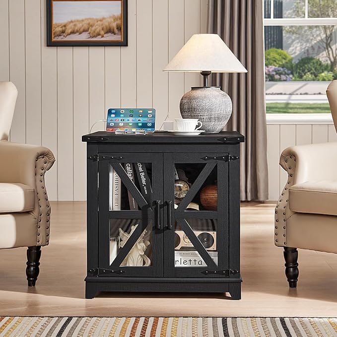 Farmhouse End Table Set 2, Narrow 18'' Night Stand with Glass Barn Door, 24" Square Side Table with Charger Station, Living Room Furniture Sets, Wood Nightstand Bedside Tables for Bedroom