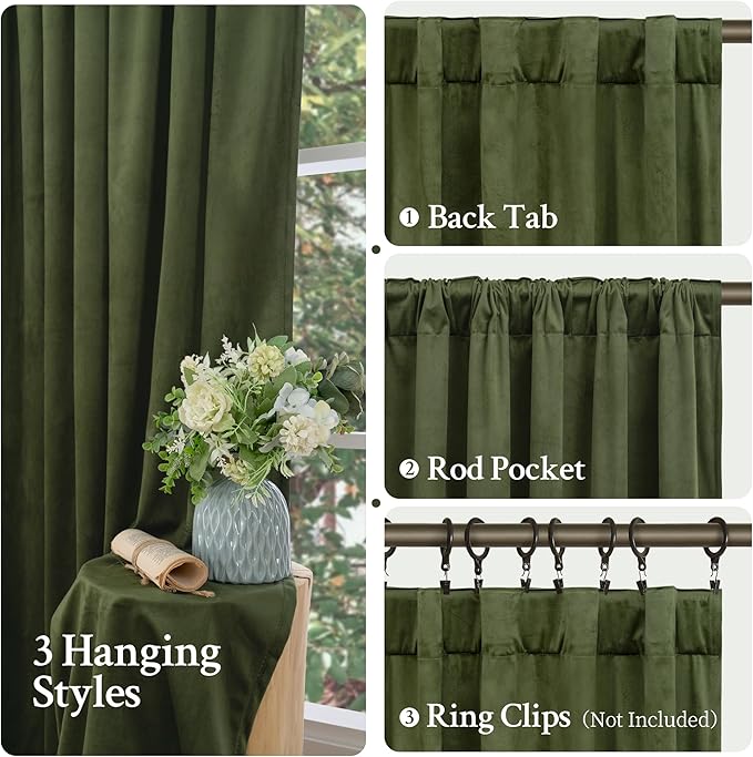LAMIT Sage Green Velvet Curtains 108 Inches Long for Living Room, Luxury Thermal Insulated Blackout Panels Back Tab and Rod Pocket Room Darkening Drapes for Bedroom, 2 Panels, 52 x 108 Inch
