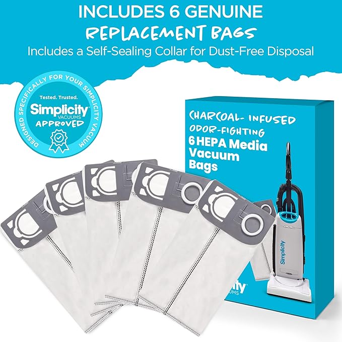 Simplicity Vacuums S26HC-6 HEPA Vacuum Bags with HEPA Media for S26 Premium Allergy Upright Vacuum Cleaner, Charcoal-infused, Drop-in Bag, Sealed HEPA System