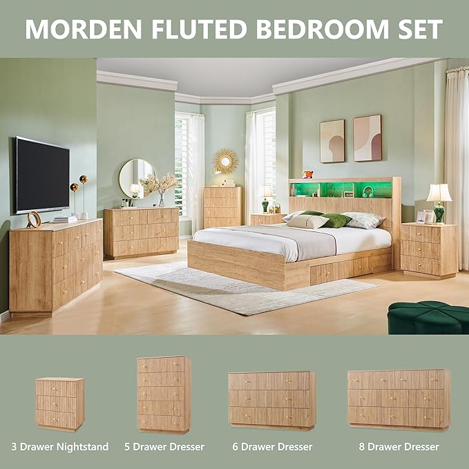 Fluted Dresser for Bedroom, 5 Drawer Dressers, Wood Tall Dresser Storage Organizer, Chest of Drawers with Deep Storage, Modern Bedroom Chest for Closet Hallway, Entryway, Living Room, Natural