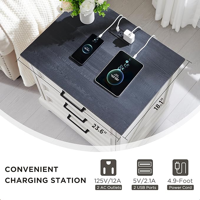 ACCOHOHO Farmhouse Nightstand with Charging Station, 22 Inch Wide End Table with 3 Large Drawers & Bar Handles, Rustic Wood Small Dresser Chest of Drawers for Bedroom, Living Room, Closet, Off White