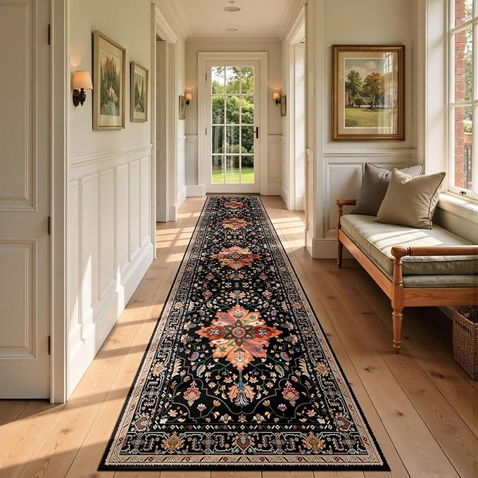 Area Rugs 2'x9' Washable Non-Slip, Floral Vintage Distress Print Pattern Medallion Carpet for Living Room Bedroom Dining Room, Black Colorful Floral Dark Tan