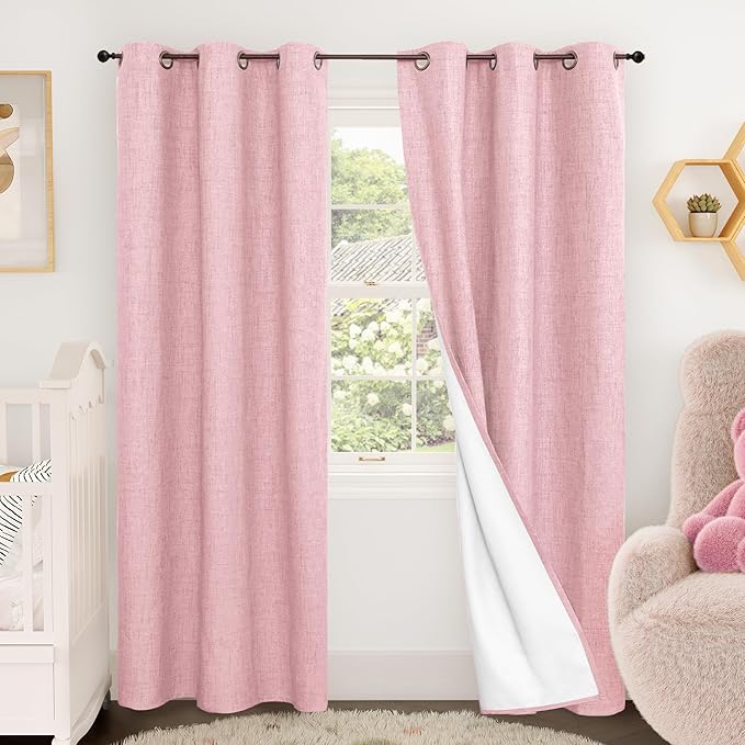 Baby Pink Linen Blackout Curtains for Nursery 80 Inch Length 2 Panels Set, Thermal Insulated Boho Total Black Out Noise Reducing Bonzer Grommets Window Curtains for Girls Bedroom, Each 38 Inch Wide
