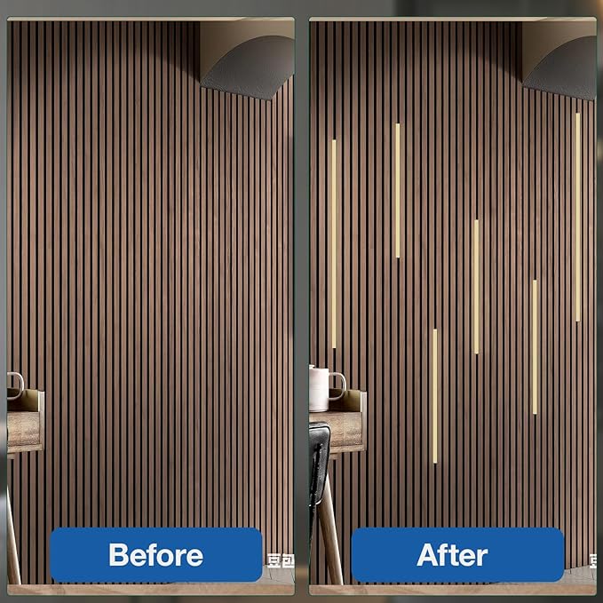 NeatiEase LED Recessed Lighting Kit for Wood Slat Wall Panel, 6 Pcs Self-Adhesive 3000K Warm LED Light with Smart Switch and Adjustable Brightness for Cabinet, Kitchen (2 * 36"+2 * 24"+2 * 16")