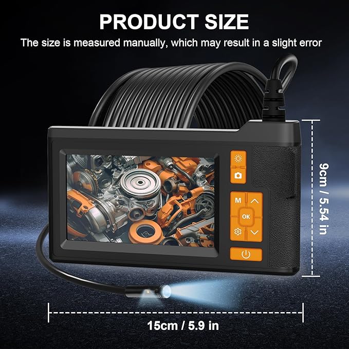 33FT Dual Lens Endoscope Camera with Light, 4.3" Borescope with Photo/Video(Built-in 32GB Card), IP67 Waterproof with 8 LED Lights, Semi-Rigid Snake Cable for Pipe, Engine & HVAC Inspection