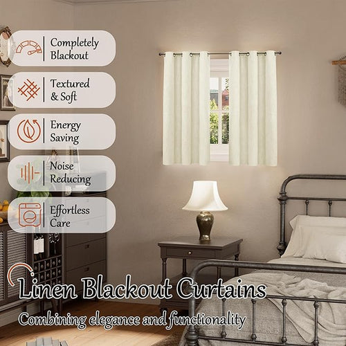 40 Inch Length Linen Blackout Curtains for Short Cafe Window, Thermal Insulated Light Blocking Soundproof Privacy Burlap Curtains 2 Panels, Each 38 Inch Wide Cream