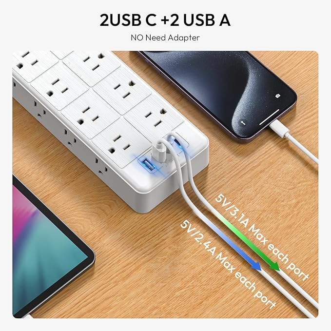 24 Widely Outlets Extension Cord 15 Ft NTONPOWER Long Extension Cord Surge Protector with 4 USB Ports,15A/1875W Power Strips with Surge Protection 4000J, Wall Mount Holes for Home, Office(White)