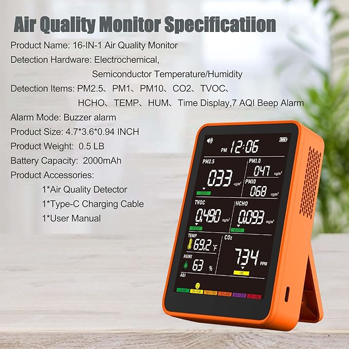 Professional Indoor Air Quality Monitor with AQI Alarms, Portable Real-Time Detector for Home Cars Plants and Pets (Amber Orange)