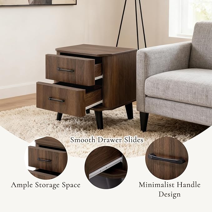 LuxenHome Mid Century Modern Nightstands Set of 2, 20" Walnut Night Stand with Curved Edge, Dark Brown Nightstand with Drawers, Boho Bed Side Tables Bedroom, Storage End Tables Living Room, 2PCs