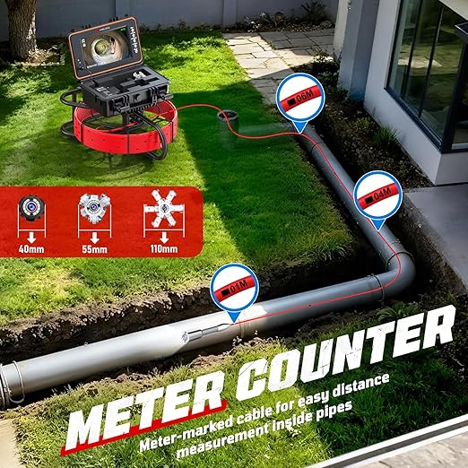 HBUDS Sewer Camera, Self Leveling Drain Camera 200ft with Meter Counter, 7mm Thick Cable, 9" HD Screen 1080P Plumbing Cameras Snake with Light, 5100mAh Battery Duct Pipe Video Inspection Cam DVR 32GB