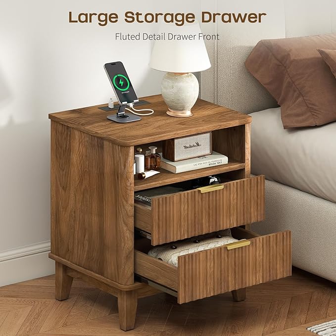 Night Stand Set of 2 with Charger Station, Fluted Nightstand with Drawers and Storage Shelf, Mid Century Modern Bedside Table Nightstands, Large Bed Side Table Wood Night Stands for Bedroom