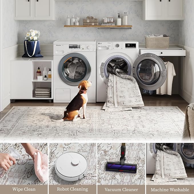 jinchan Lima Runner Rug 2x5 Washable Hallway Runner - Vintage Floral Non Slip Low-Pile Soft Ultra-Thin Kitchen Rug Distressed Carpet for Farmhouse Bedroom Entryway Laundry Room (2x5ft, Taupe)