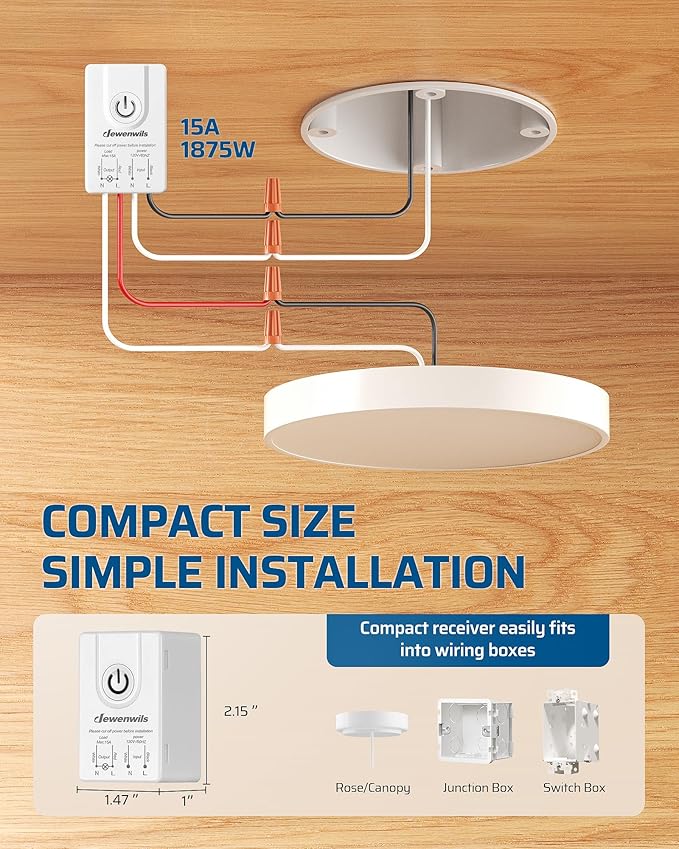 DEWENWILS Wireless Light Switch and Receiver Kit, 15A, No Wiring, No Interference, 100FT Control Range, Remote Light Switches Wireless for Lamp, Ceiling Light, Fan, 2 Transmitter+1 Receiver