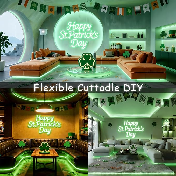 Aalnfe Green Led Lights Strip ST. Patrick's Day Decorations Indoor Rope Lights Easy DIY Cuttable Strip Lights for Room Bathroom Living Room Kitchen Ceiling Wall Vanity Mirror Decor