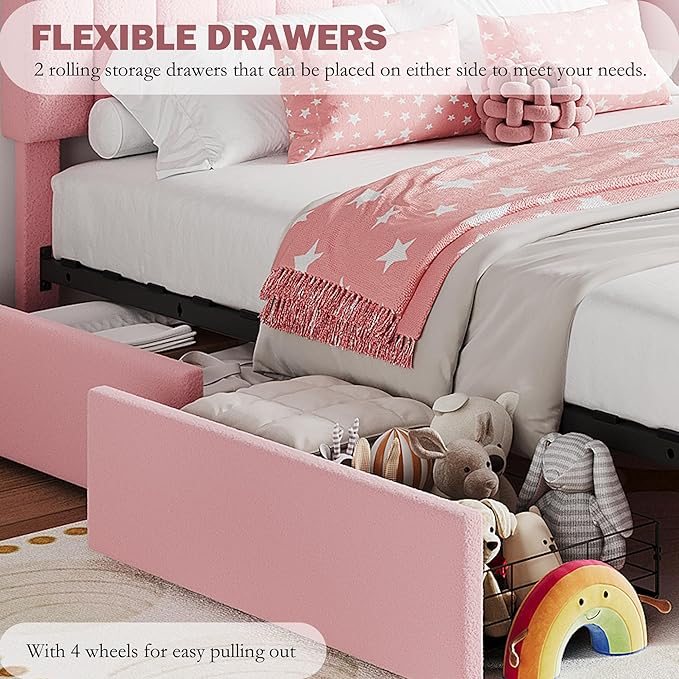 Twin XL Bed Frame with Storage Headboard and 2 Drawers, Boucle Upholstered Platform Bed with Bookcase, Modern Kids Twin XL Bed Frames for Small Rooms, No Box Spring Needed, Easy Assembly, Light Pink
