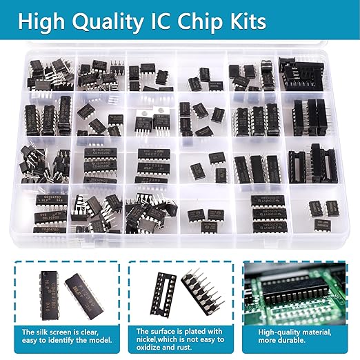 IC Chips kit Minidodoca 173 pcs 20 Values Chip Assortment Set+12 pcs Sockets;Integrated Circuits op amp kit 555 Timer IC Included NE555,LM358, LM324, LM393, LM339, NE5532, LM386,UA741,IC Plier etc