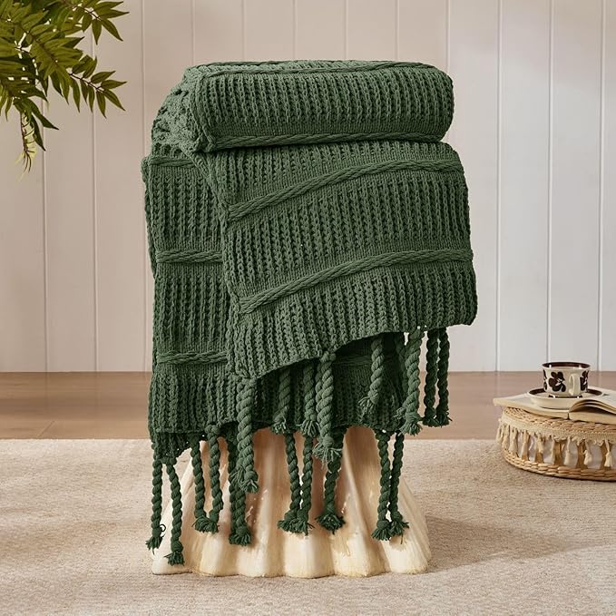 Boho Knitted Chenille Blanket with Tassels - Lightweight & Soft All-Season Throw - 3D Classic Pattern for Living Room Bedroom Couch, Imperial Green, Throw 50"x60"