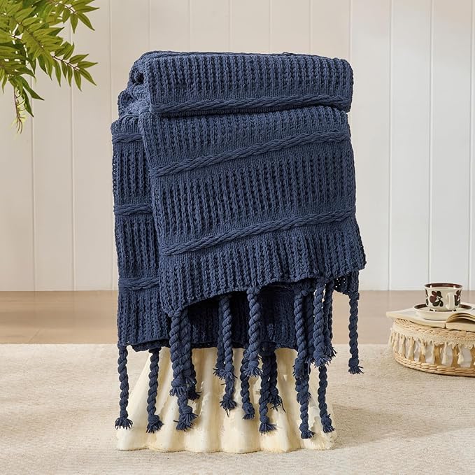Boho Knitted Chenille Blanket with Tassels - Lightweight & Soft All-Season Throw - 3D Classic Pattern for Living Room Bedroom Couch, Royal Blue, Throw 50"x60"
