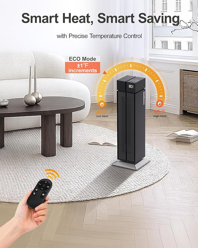 ComDomus Space Heater Large Room, 25” Electric Room Heaters for Indoor Use with 120° Oscillation, 3 Heat Levels, 3 Modes, Multiple Safety Protections, 12H Timer, Black Ceramic Tower Heater for Bedroom