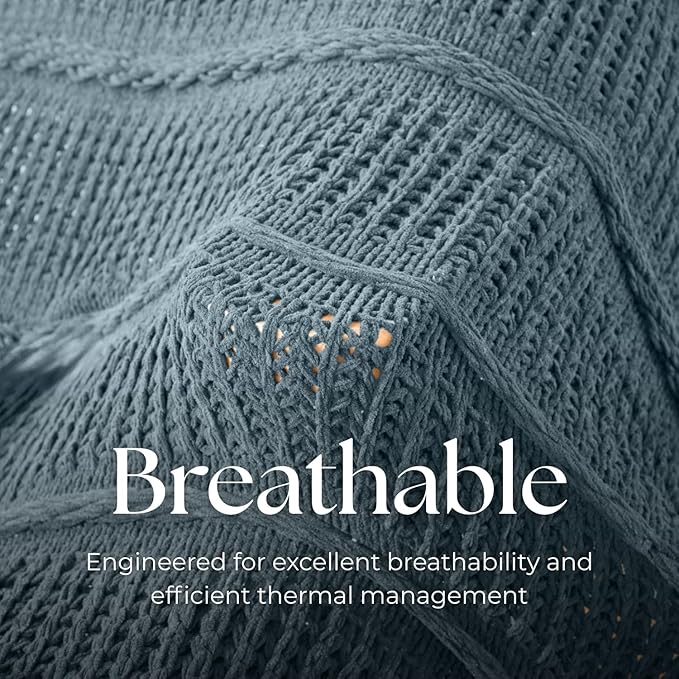 Boho Knitted Chenille Blanket with Tassels - Lightweight & Soft All-Season Throw - 3D Classic Pattern for Living Room Bedroom Couch, Celestial Blue, King 90"x108"